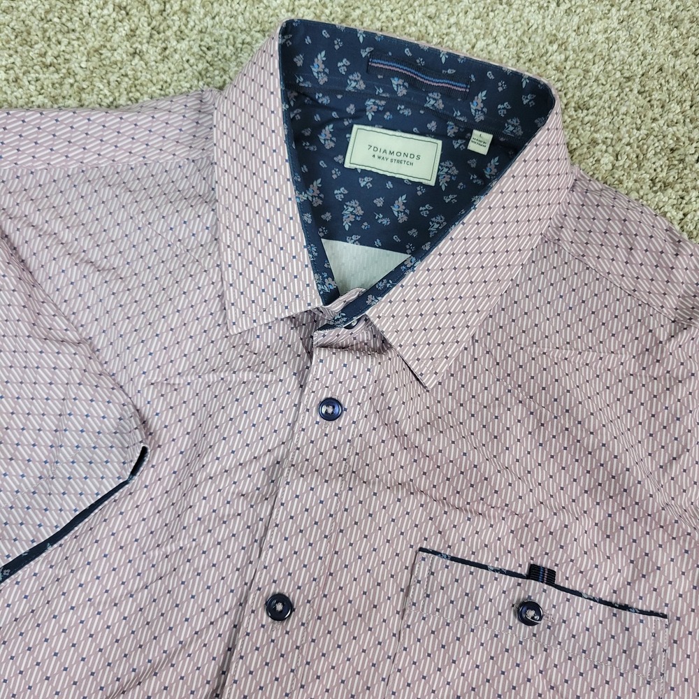 7‎ Diamonds 4 Way Stretch Mens Large Red AOP Geometric Performance Button Up SS